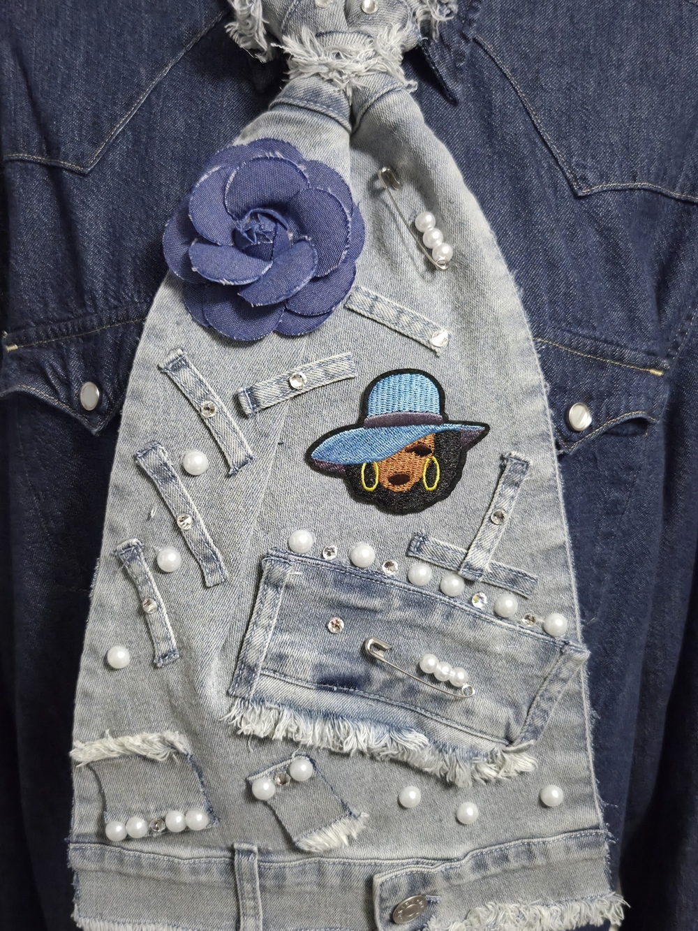 Upcycled Denim Necktie with Blue Flower and Embroidered Patch